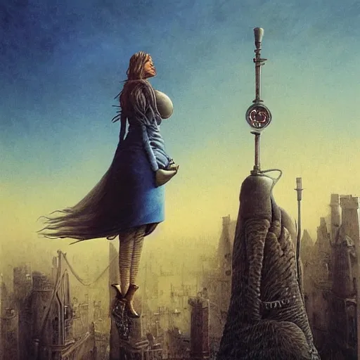 Image similar to a hyperrealistic painting of a steampunk uma thurman, blue skies, by john kenn mortensen and zdzislaw beksinski, highly detailed, vivid color,