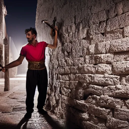 Image similar to award winning cinematic still of nighttime with 40 year old Mediterranean skinned man in Ancient Canaanite clothing fixing a ruined, crumbled wall in Jerusalem, holding a sword and a chisel, dramatic lighting, nighttime, strong shadows, bright red hues, directed by Michael Bay