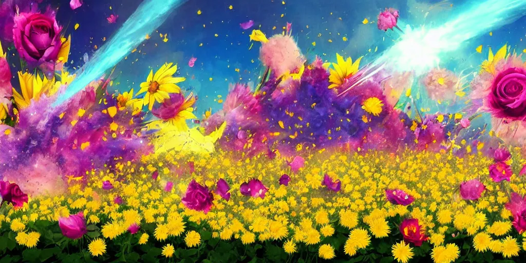 Prompt: background art of magic invisible blade slicing through a bouquet of yellow daisies, flowers exploding spraying and splattering, big puffy clouds, exploding roses, force waves, large rose petals, lotus petals, large polygonal background elements, large polygons, studio ghibli anime, radiant lighting, artgerm, manga, trending on artstation, art nouveau, mature colors