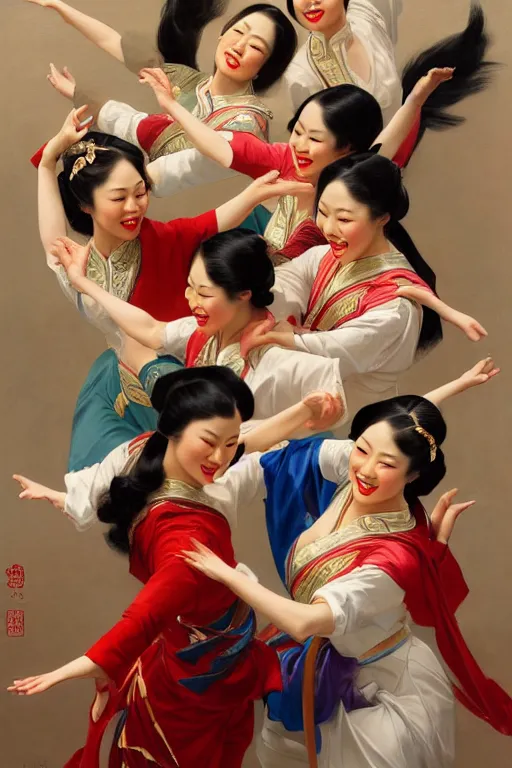 Image similar to top angle shot of group of asian females dancing, masterpiece painted by jc leyendecker, 8 k, high detail, fantasy art, dnd, artstation,