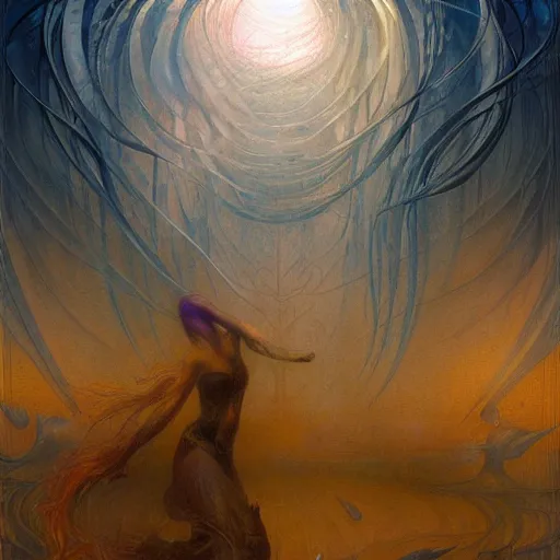 Prompt: a painting in the style of jean delville and in the style of stephan martiniere.