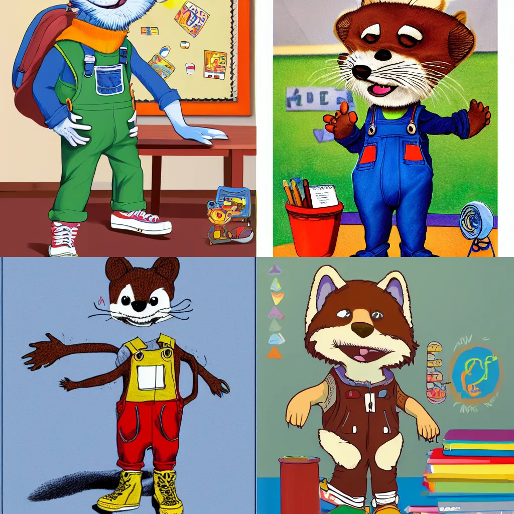 Prompt: anthropomorphic furry character of a weasel in overalls and colorful sneakers. in a kindergarten classroom. 4k, trending on Artstation, award-winning, art by Maurice Sendak