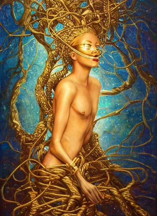 Image similar to oil painting of android woman immersed in the mystical tree, druid goddess, retro futurism, renaissance painting, baroque, golden body, steampunk, golden jewellery, shining crystals, cords and wires, vr googles, filigree, biomechanics, cinematic light, 8 k