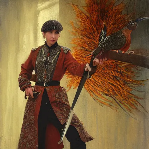 Image similar to a pheasant is girded with a belt, sword on the belt, by lily seika jones , rivuletpaper art, top cinematic lighting, cinematic mood, very detailed, shot in canon, by Viktor Vasnetsov, oil painting, harsh fairy tale, soft style, hyperrealism, beautiful, high resolution, trending on artstation, steps 50