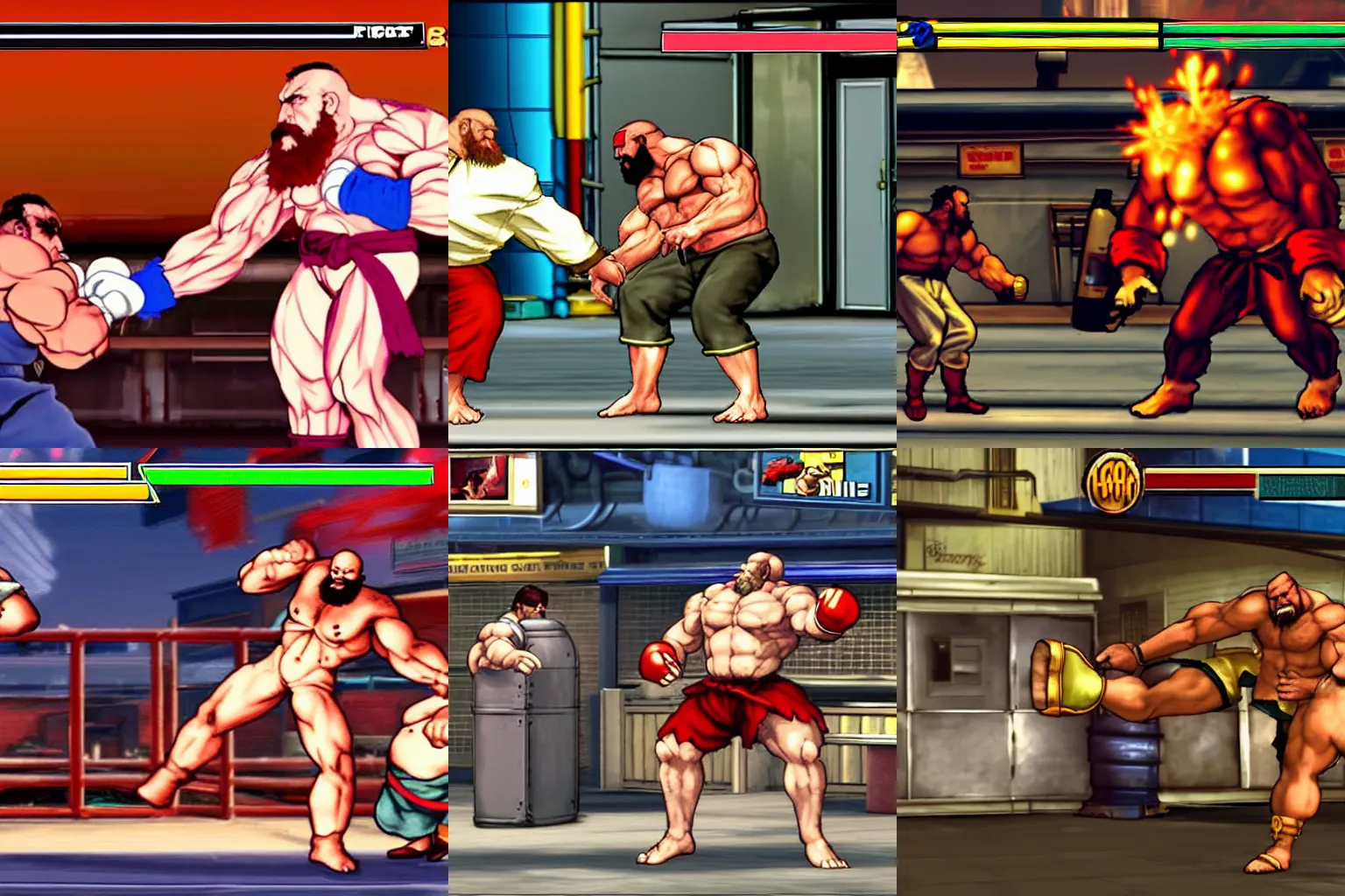 Prompt: Street Fighter IV screenshot of Zangief piledriving an elderly man during their fight in a laundromat
