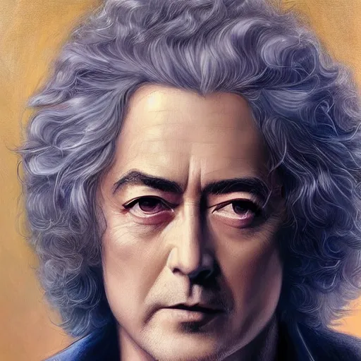 Prompt: amazing artgerm portrait of jimmy page in his 7 0 s as a christian - era painting, collaboration with j. scott campbell and artgerm with edward burn jones