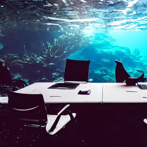 Image similar to photo of someone underwater working at an office desk, cinematic