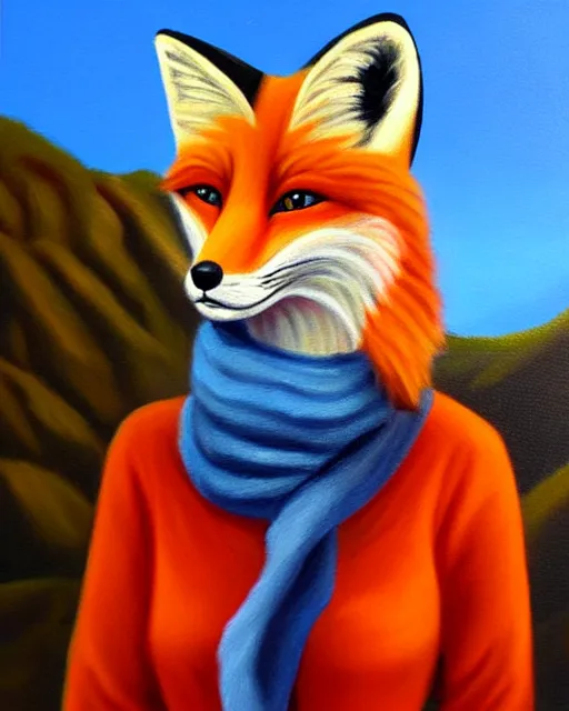 Image similar to oil painting portrait of anthropomorphic female fox animal dressed in sweater and scarf, fox animal, hollywood sign in background, oil painting,