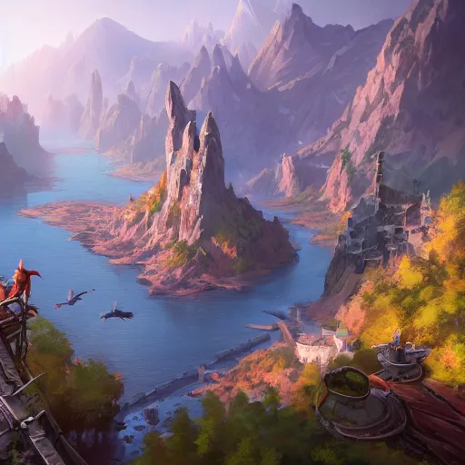 Prompt: a birds eye view overlooking an ancient fantasy city surrounded by mountains and trees of greens and browns, rivers and lakes((but the cities been corrupted by a dark evil)) by Jordan Grimmer, Asher Brown Durand and Ryan Dening, 8k, artstation, beautiful color pallette