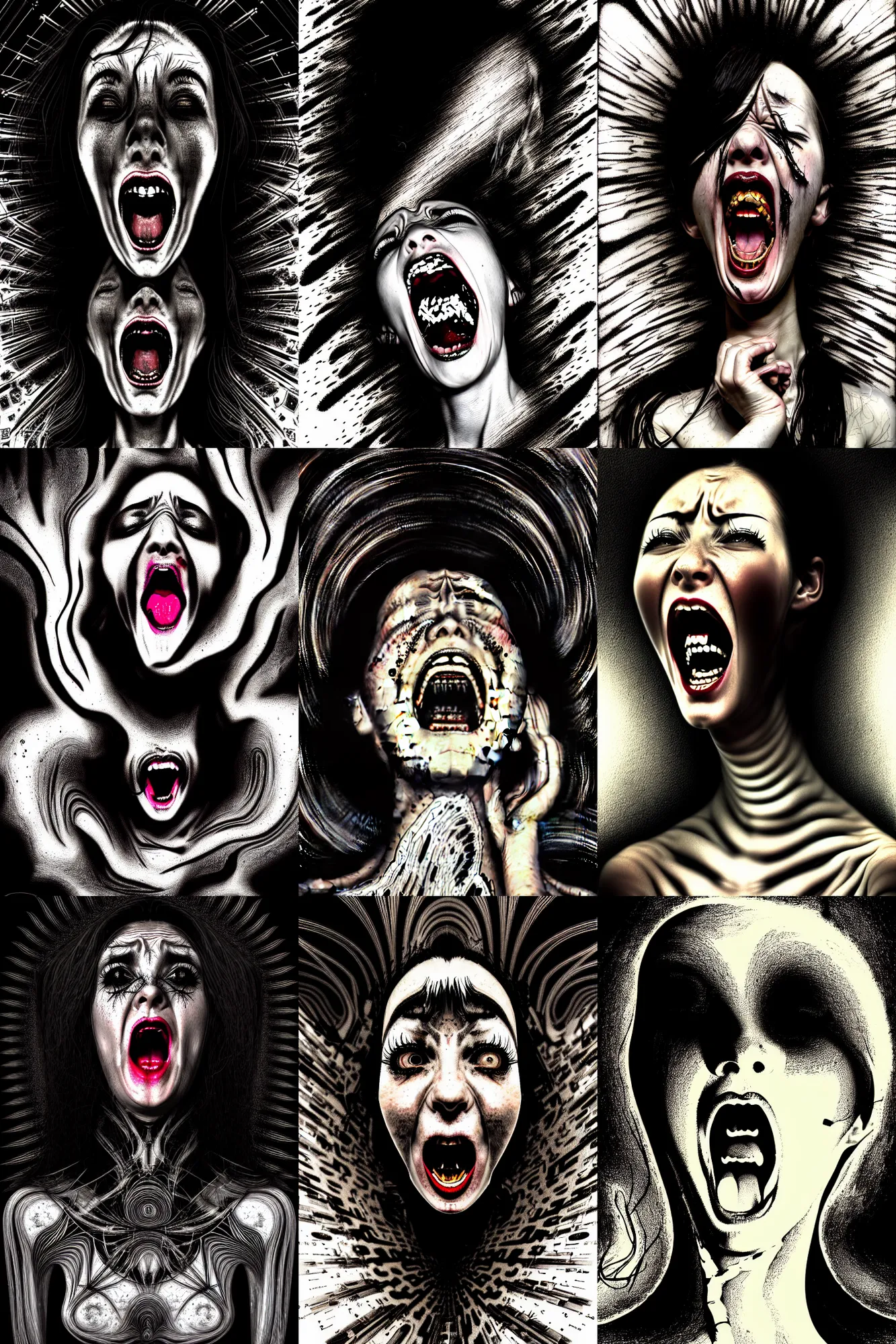 Prompt: portrait of a young woman screaming in agony!!, anger, pain. speed painting, fractal, mandelbulb, scribble art, lines, black on black, black and white photograph. by caravaggio and kuciara and giger and mucha