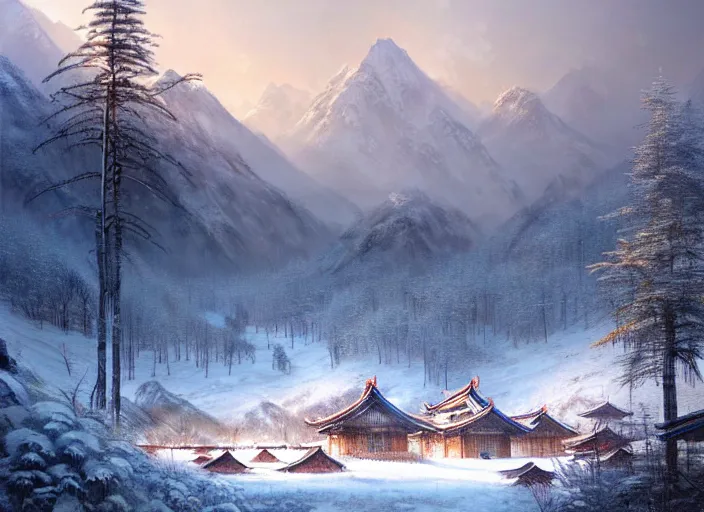 Image similar to beautiful chinese forest and a alaskan tundra snow covered landscape, with a quant village peaceful painted by greg rutkowski, makati shinkai, james gurney, wlop