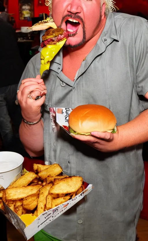 Image similar to guy fieri as shrek, eating a juicy burger, photograph, realistic