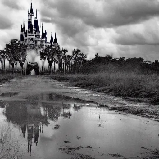 Image similar to post - apocalyptic magic kingdom, wasteland, submerged, monorail, abandoned, wet, swamp, swamp gas, nuclear fallout, black and white, dark clouds, mickey mouse, walt disney world, rubberhose cartoon