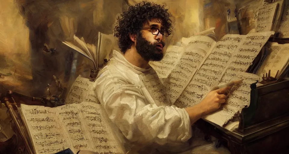 Image similar to the most epic painting of all time, a curly - haired persian guy composing the most epic symphony of minds, trending on artstation