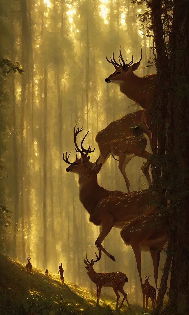 Image similar to Deer in Sherwood Forest, full frame, highly detailed, digital painting, artstation, concept art, smooth, sharp focus, illustration, art greg rutkowski and alphonse mucha