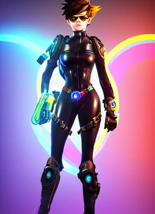 Image similar to full body digital artwork of tracer overwatch, wearing black iridescent rainbow latex, 4 k, expressive happy smug expression, makeup, in style of mark arian, wearing detailed black leather collar, wearing sleek armor, black leather harness, detailed face and eyes,