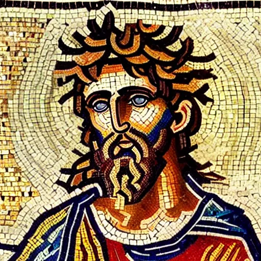 prompthunt: byzantine mosaic of gigachad, perfect face, perfect eyes,  strong jaw, centered, awarded photo, intricated, very detailed, highly  qualified