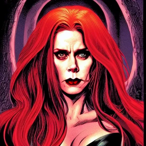 Image similar to vampire : : rafeal albuquerque comic art, john totleben : : gorgeous amy adams : : sharp teeth : : symmetrical face, symmetrical eyes : : gorgeous red hair : : magic lighting : :