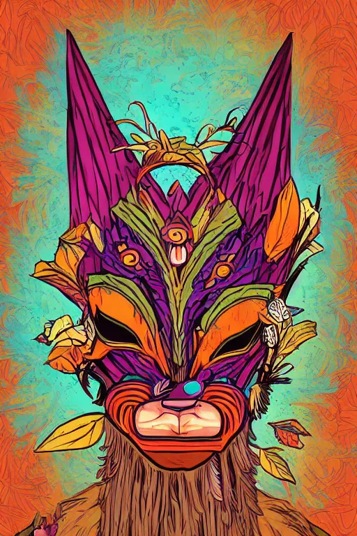 Image similar to animal mask totem roots flower tribal feather gemstone plant wood rock shaman vodoo video game vector cutout illustration vivid multicolor borderlands comics by josan gonzales and dan mumford radiating a glowing aura