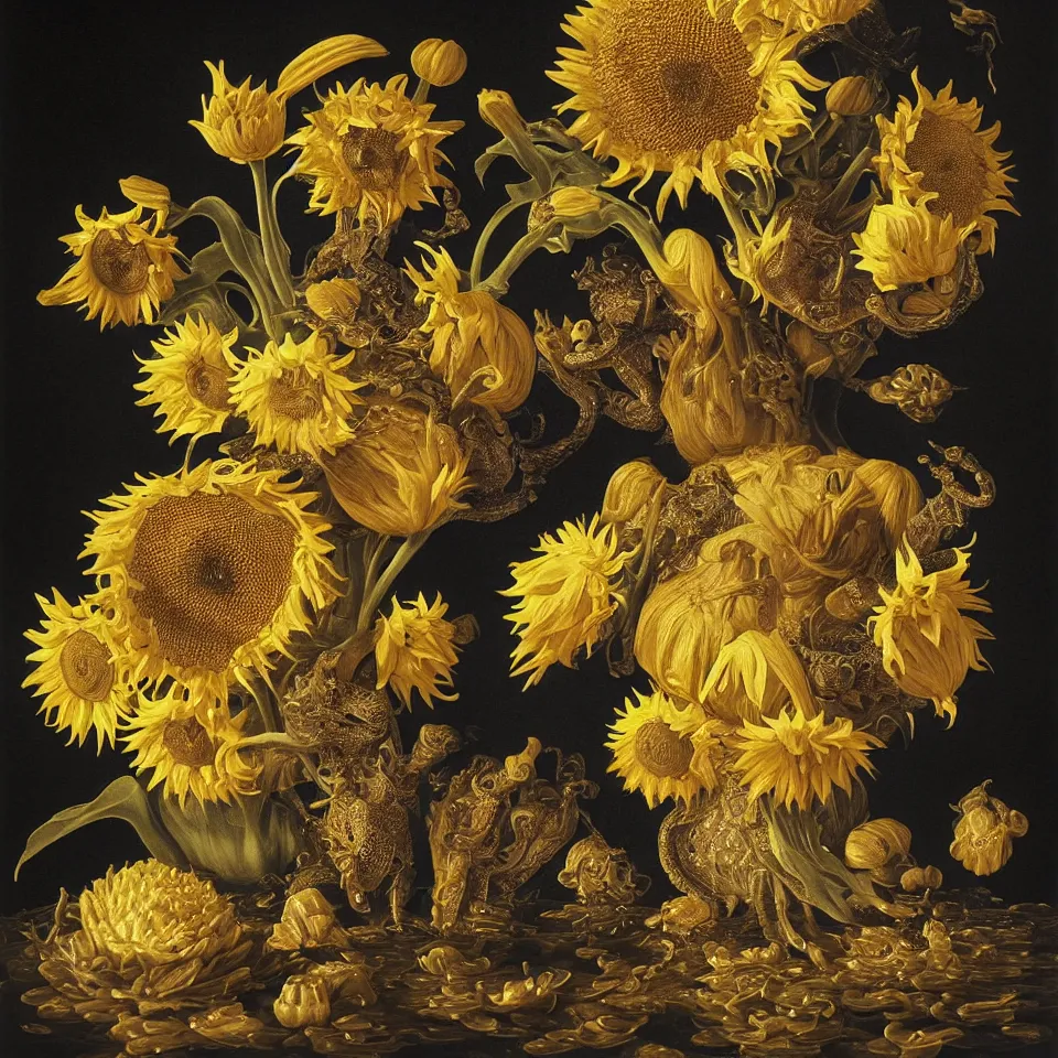 Prompt: dutch golden age bizarre sunflower portrait made from flower floral still life with very detailed aquatic flowering lotuses with amphibians, disturbing fractal forms sprouting up everywhere by rachel ruysch black background chiaroscuro dramatic lighting perfect composition high definition 8 k oil painting with black background by christian rex van dali todd schorr of a chiaroscuro portrait recursive masterpiece