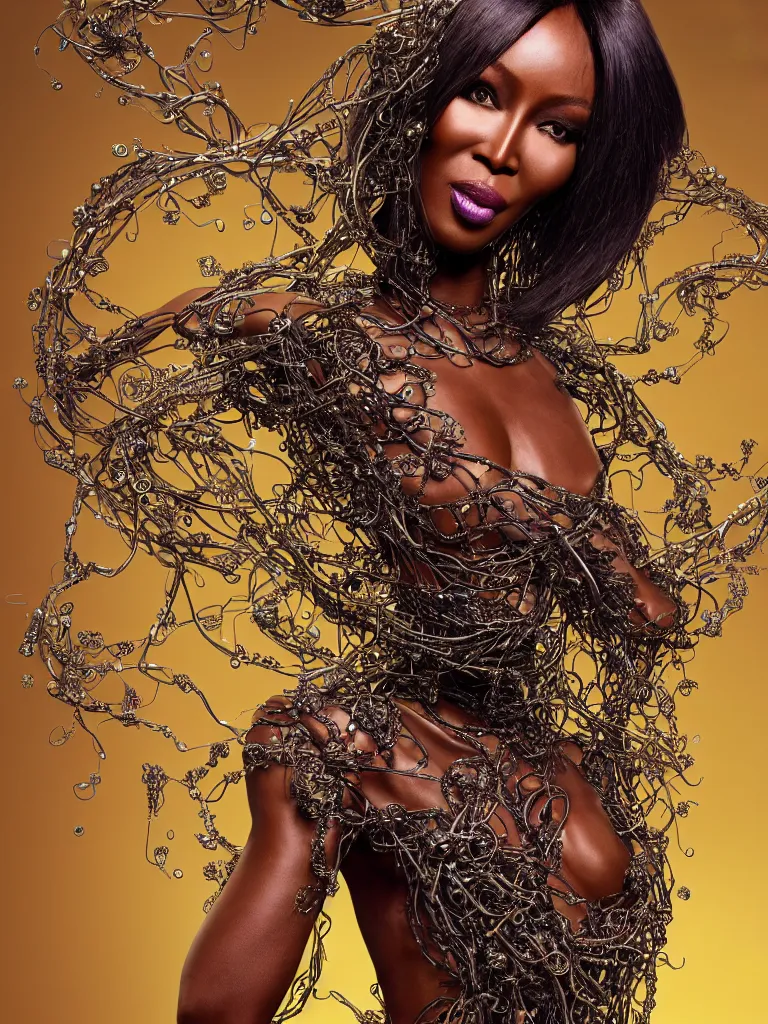 Image similar to a centered render of naomi campbell surrounded by intertwining bio - mech tendrils made of machine and robot parts with gemstones and leaves and feathers and incense smoke flowing around, full body, gorgeous face, perfect face, powerful, by james jean, by ross tran, 3 d, trending on artstation, octane render, 8 k