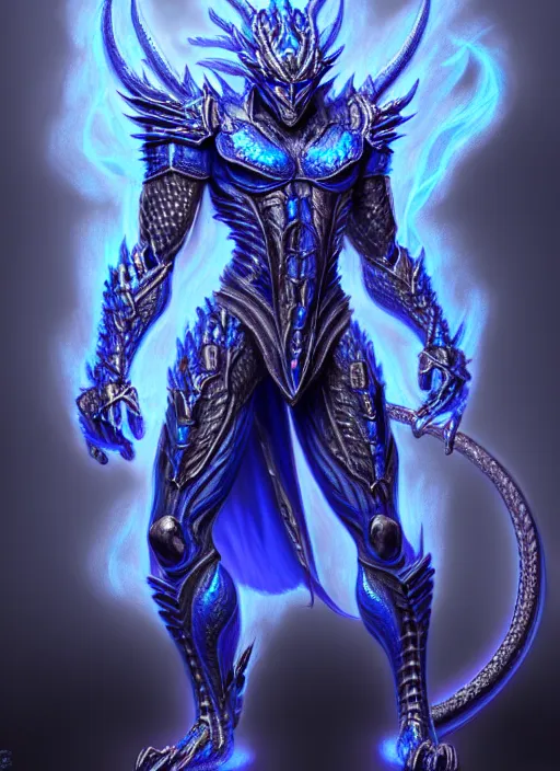 Image similar to muscular and tall blue ghostly fire humanoid dragon!!!! draconian!! intricate ornate iridescent heavy armor!! character concept art, sharp focus, octane render! unreal engine 5! highly rendered!! trending on artstation!! detailed linework!! illustration by artgerm, wlop, and chie yoshii