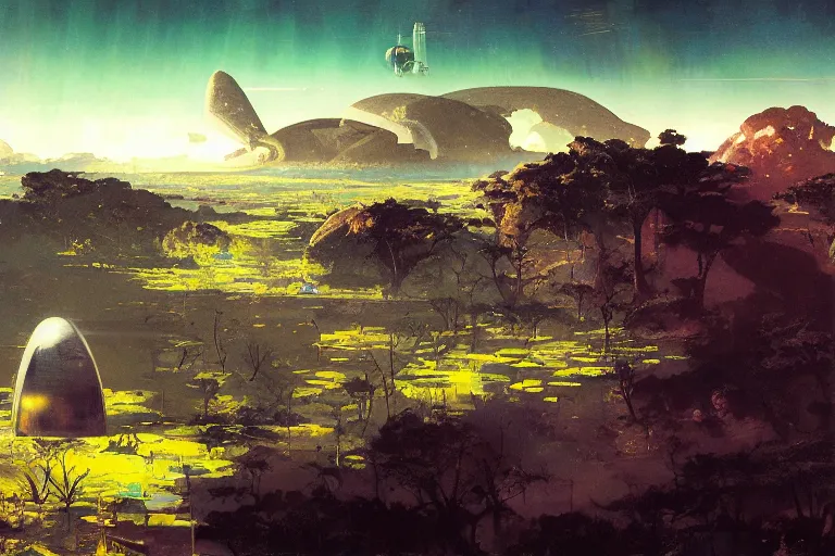 Prompt: 5 0 s pulp scifi illustration, spaceship lands in beautiful landscape, plain stretching into distance, pond, baobab trees, distant mountains, painted by john berkey, bergey, craig mullins, ruan jia, raymond swanland, jeremy mann, beksinski, jack kirby, tom lovell, alex malveda, schomburg