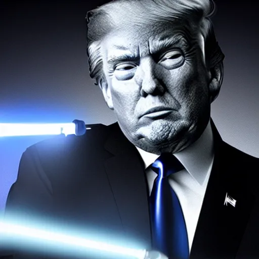 Image similar to donald trump with a lightsaber, dynamic lighting, highly detailed