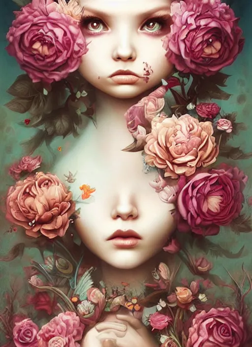 Image similar to pop surrealism, lowbrow art, realistic cute flowers painting, hyper realism, muted colours, rococo, natalie shau, loreta lux, tom bagshaw, mark ryden, trevor brown style,