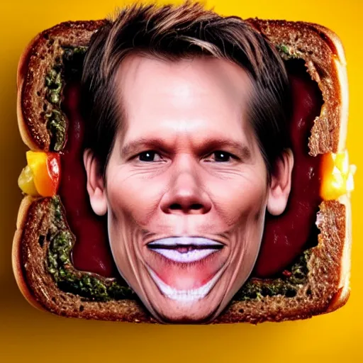 Image similar to kevin bacon face wrapped inside a cheeseburger