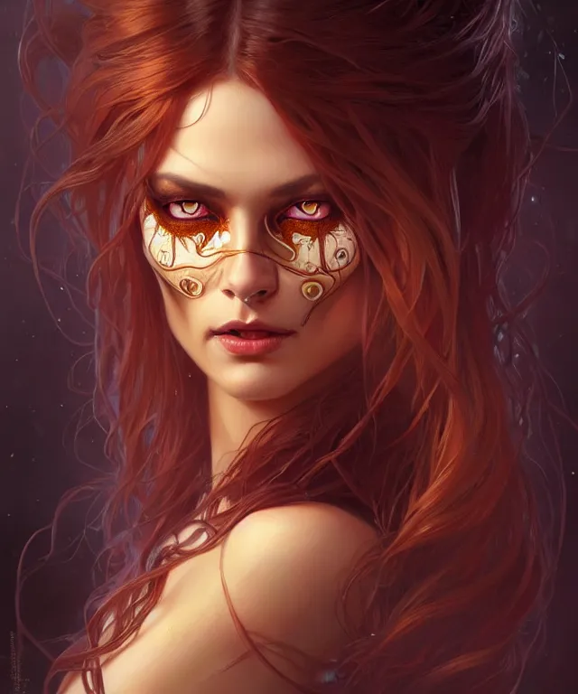 Image similar to Halloween woman portrait, sci-fi, amber eyes, face, long hair, fantasy, intricate, elegant, highly detailed, digital painting, artstation, concept art, smooth, sharp focus, illustration, art by artgerm and greg rutkowski and alphonse mucha