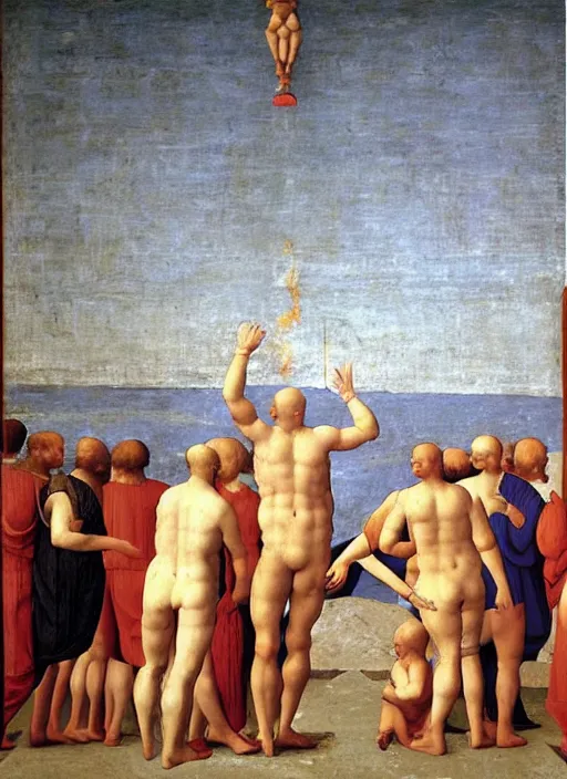 Image similar to renaissance painting of a realistic and precise fire painted, gemetrically precise, painted by piero della francesca, high quality, no blur, 4 k