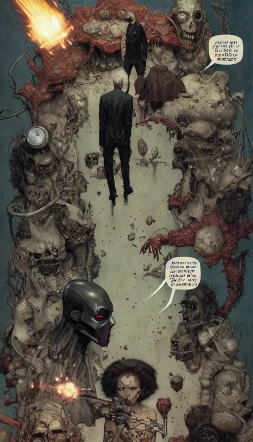 Prompt: the most interesting darkest marvel 6 panel comic by chiara bautista, beksinski and norman rockwell and greg rutkowski weta studio and tom bagshaw and james gurney and lucasfilm