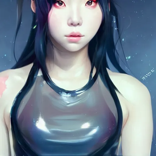 Image similar to a beautiful young korean kpop star billie eilish lucy liu alluring instagram model in elaborate latex tank top, jrpg tank top made from latex demon faces, by guweiz and wlop and ilya kuvshinov and artgerm and, aesthetic, gorgeous, stunning, alluring, attractive, artstation, deviantart, pinterest, digital art