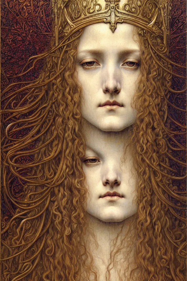 Image similar to detailed realistic beautiful young medieval queen face portrait by jean delville, gustave dore and marco mazzoni, art nouveau, symbolist, visionary, gothic, pre - raphaelite. horizontal symmetry