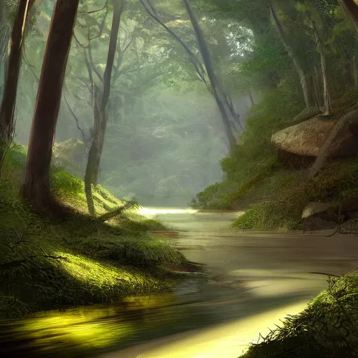 Image similar to a winding river through a dense forest, sunlight filtering through the leaves, trending on artstation