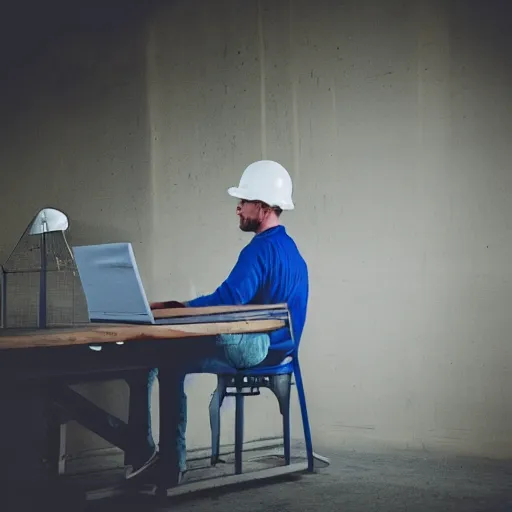 Prompt: a polaroid photo of man using a laptop inside in warehouse, he sitting on chair and small table, he's wearing blue cloth and construction hat, photo from behind, highly details, perfect face shape, cinematic lighting,