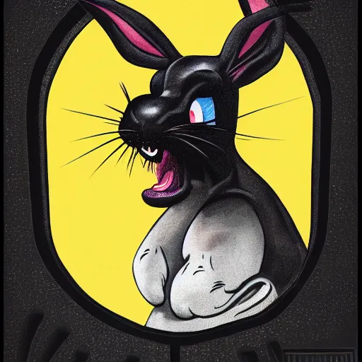 Image similar to A extremely highly detailed majestic hi-res beautiful, highly detailed head and shoulders portrait of a scary terrifying, horrifying, creepy maniacal crazy black cartoon rabbit with scary big eyes, earing a shirt laughing maniacally , let's be friends, in the style of a Walt Disney cartoon