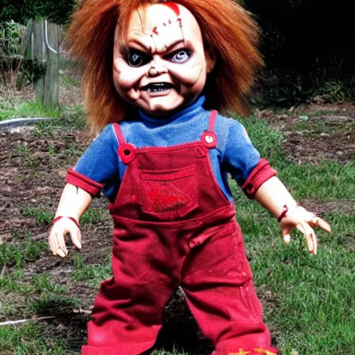 Image similar to Chucky the killer doll standing out in the yard