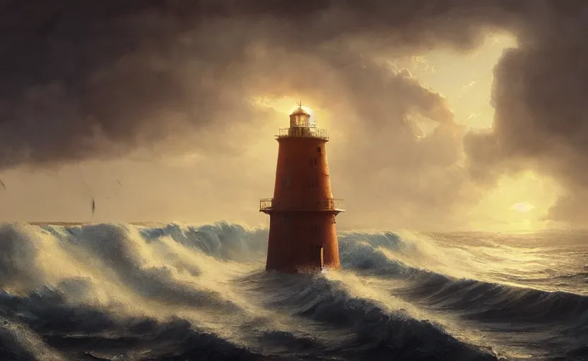 Image similar to painting of a sailing ship in a horrible stormwith big waves, lighthouse at sunset, natural light, concept art, by greg rutkowski, cozy atmospheric and cinematic lighting