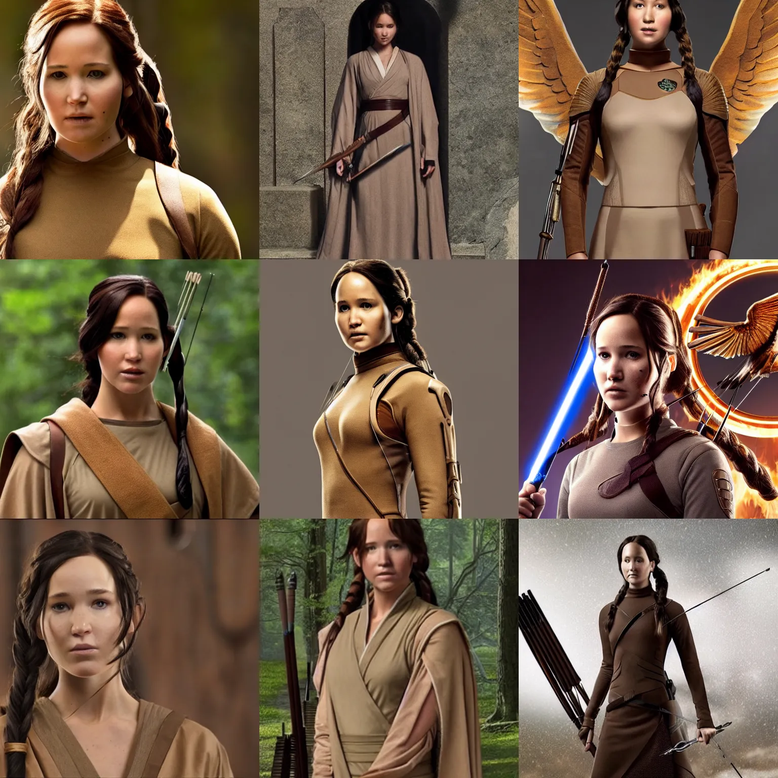 Prompt: ( ( ( ( ( katniss everdeen ) ) ) ) ) wearing tan - coloured jedi - robes!!!!!!!!!!, photo of head, upper body, and lower body, 4 k / 8 k