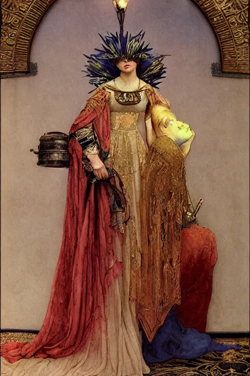 Prompt: portrait of the last queen of the dawn mountains with her lantern and regalia, by Annie Swynnerton and John Bauer and John William Godward and Donato Giancola and Vermeer, embroidered velvet, iridescent beetles, rich color, ornate headdress, flowing robes, lost runes, ancient civilizations, dramatic cinematic lighting, featured on Artstation, cgisociety, extremely detailed