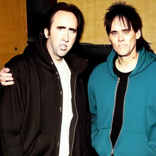 Image similar to nicolas cage and jim carrey as a rappers in a hoodie 1996