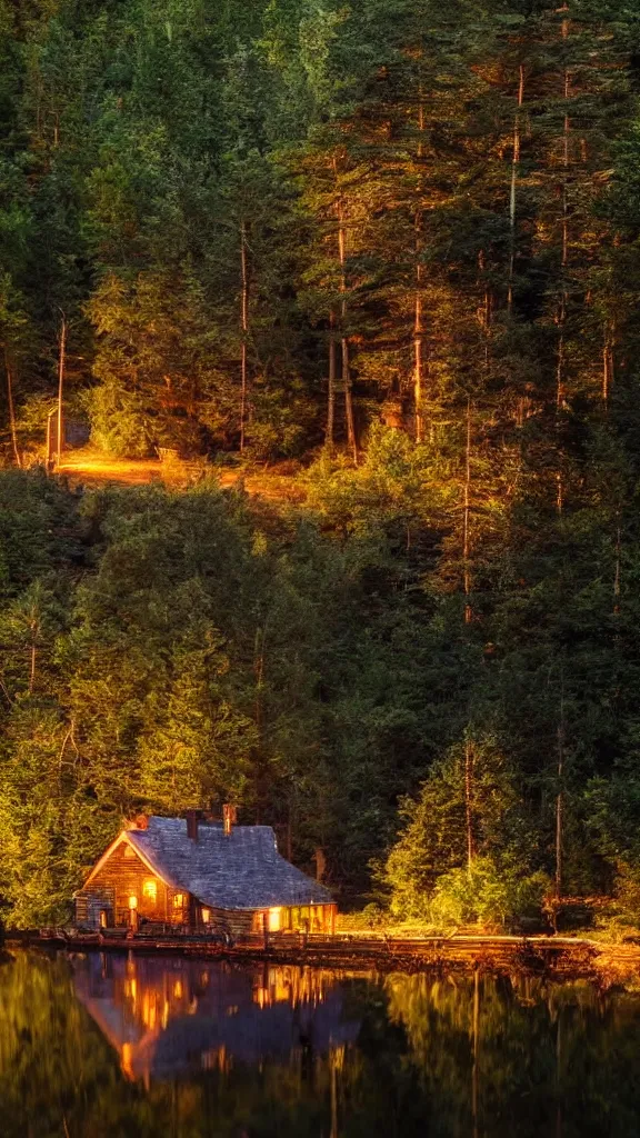 Image similar to small wooden cottage in the forest at night, smoke coming out of the chimney, nocturnal, redwood trees, peaceful, river running past the cottage, a wooden rowing boat, galaxy in the night sky, by stephen king