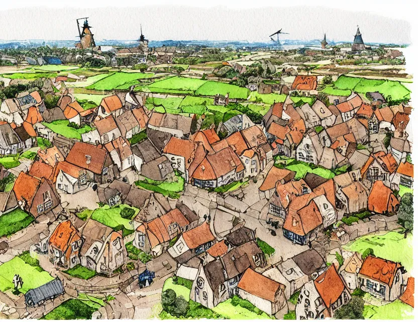 Image similar to a typical dutch village, isometric aerial view, whimsical watercolor illustration by anton pieck, very detailed, high resolution, ambient lighting