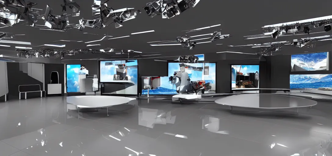 Prompt: super detailed v-ray render, news studio set, wide shot highly reflective light