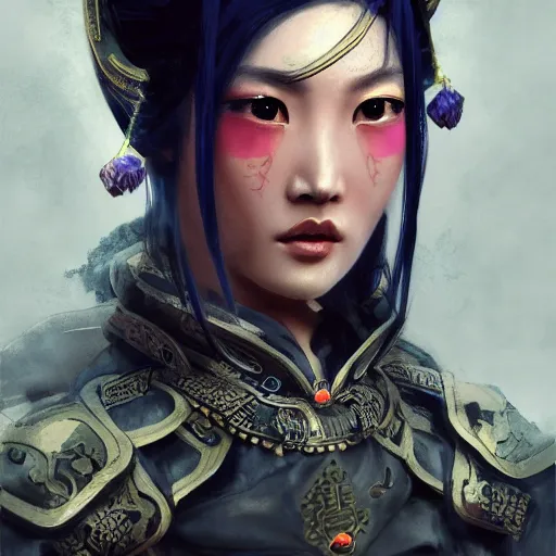 Prompt: ancient chinese princess with steampunk mask, dynasty warriors, elegant, unreal engine, 8 k, blue color scheme, headshot, highly detailed, smooth, ink painting, artstation, concept art, in style of yoji shinkawa, pan ren wei, col price, atey ghailan, by greg rutkowski, aesthetic on a hoodie