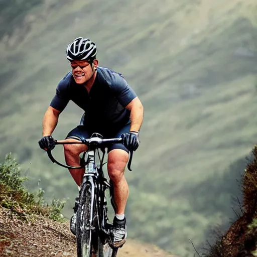 Prompt: matt damon cycling on a mountain road