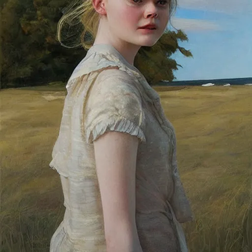 Prompt: Elle Fanning in the beach, head and shoulders masterpiece, oil on canvas, golden hour, in the world of Andrew Wyeth, artstation, by J. C. Leyendecker and Peter Paul Rubens,