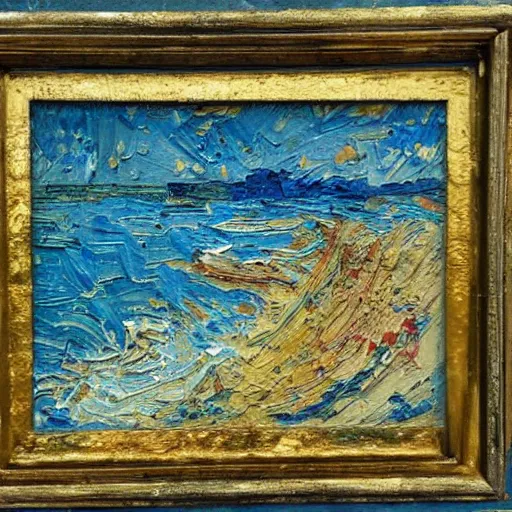 Image similar to oil paint impasto relief, beautiful italian beach scene, multi layered thick brush marks, some splattered paint, in the style of van gogh and frank auerbach and francis bacon